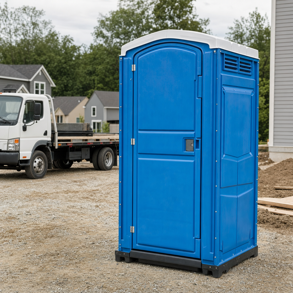 Delivery driver positioning a clean royal-blue portable toilet on level ground at a Columbus worksite