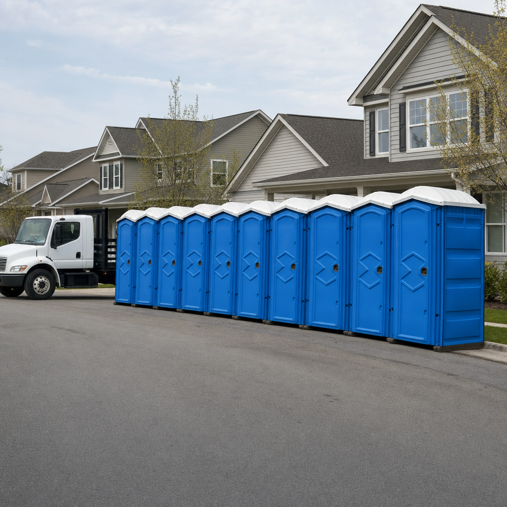 Royal blue portable toilets staged in a tidy row at a Columbus jobsite, ready for delivery